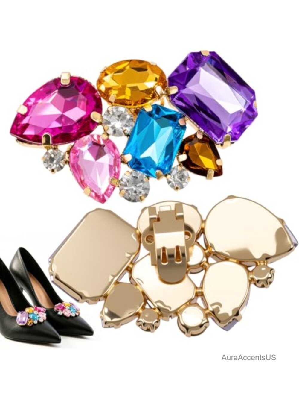 2pcs Multicolored Rhinestone Shoe Clips Metal Removable Buckle Clips for Heels
